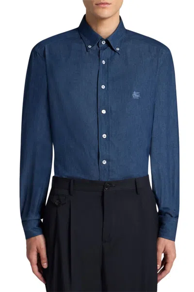 Etro Blue Paisley Print Logo Denim Shirt In Blue