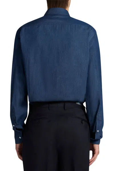 Etro Blue Paisley Print Logo Denim Shirt In Blue