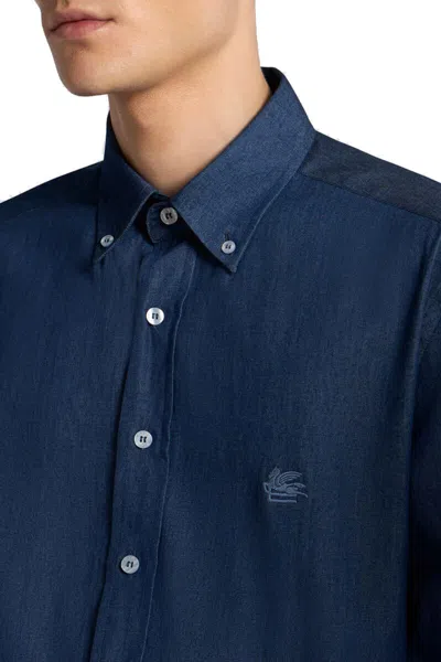 Etro Blue Paisley Print Logo Denim Shirt In Blue