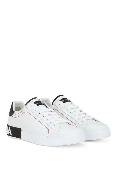 Dolce & Gabbana Portofino Leather Sneakers With Rubberized Logo Shoes In White
