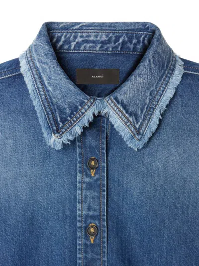 Alanui Fringed Cropped Denim Shirt In Dark Wash