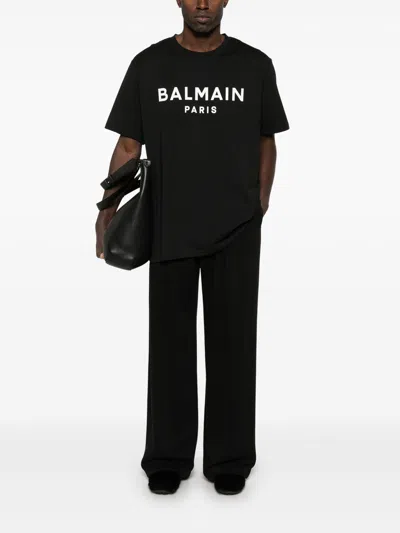 Balmain Black Crewneck T-shirt With Logo Lettering On The Front In Cotton Man
