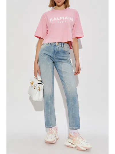 Balmain Logo Print Cropped Cotton Jersey T-shirt
