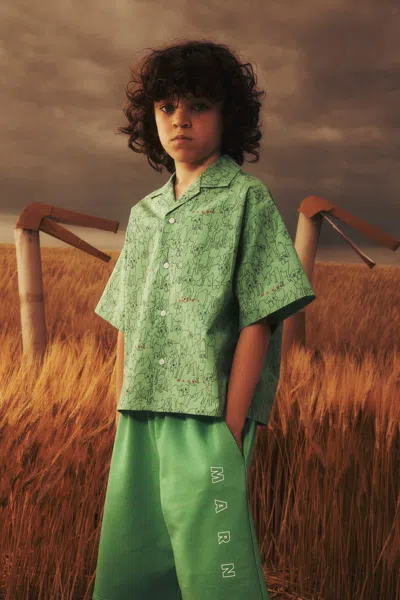 Marni Bowling Shirt In Allover Poplin Joy In Green