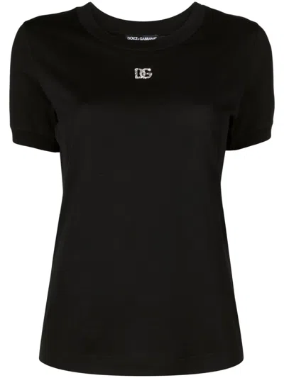 Dolce & Gabbana Black T-shirt With Logo Decorated With Crystals On The Front In Cotton Woman