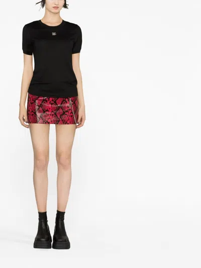 Dolce & Gabbana Black T-shirt With Logo Decorated With Crystals On The Front In Cotton Woman