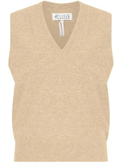 Maison Margiela Knitted V-neck Wool Vest In Brown