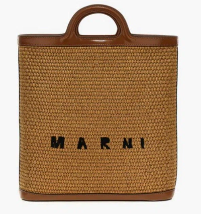 Marni Two-tone Raffia And Leather Tropicalia Bucket Bag In Multicolor