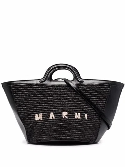 Marni Women Black Leather And Raffia Small Tropicalia Summer Handbag In Multicolor