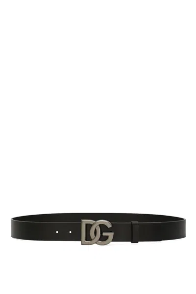 Dolce & Gabbana Black Belt With Buckle Closure And Interwoven Design In Leather Man In Black/rut.ultr.black