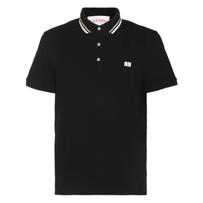 Valentino Garavani Black Polo Shirt With Classic Bicolor Collar And Logo Patch On The Front In Cotto In Black