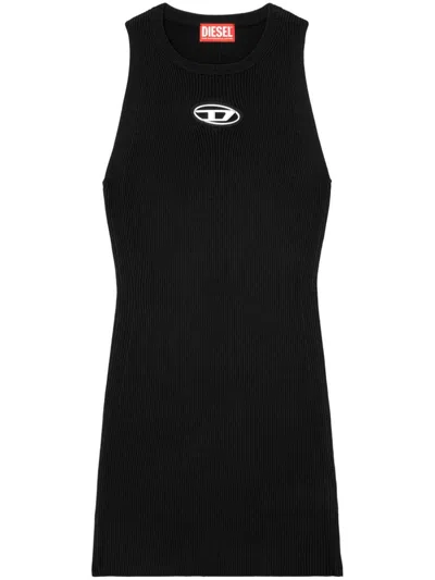 Diesel Ribbed Black Sleeveless Mini Dress With Logo Detail In Multicolor