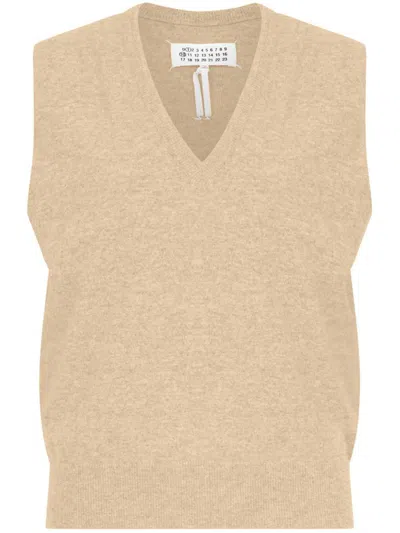 Maison Margiela Knitted V-neck Wool Vest In Brown