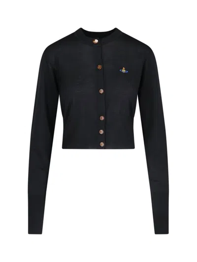 Vivienne Westwood Bea Black Cropped Cardigan With Round Neck And Front Orb Embroidery In Cotton Woman In Black