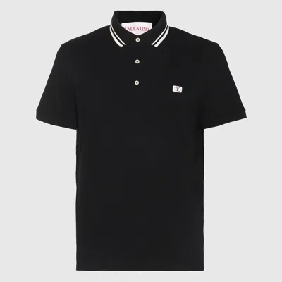 Valentino Garavani Black Polo Shirt With Classic Bicolor Collar And Logo Patch On The Front In Cotto In Black