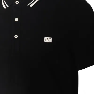 Valentino Garavani Black Polo Shirt With Classic Bicolor Collar And Logo Patch On The Front In Cotto In Black