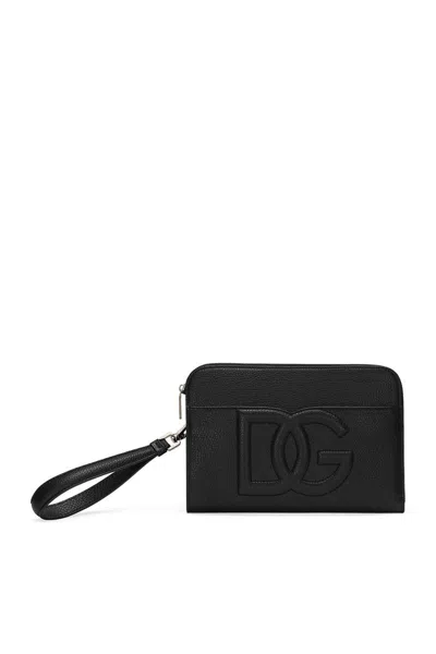 Dolce & Gabbana Dg-embossed Leather Clutch Bag In Black