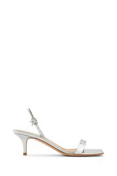 Gianvito Rossi Ribbon Metallic Kitten Slingback Sandal In Silver In Silver