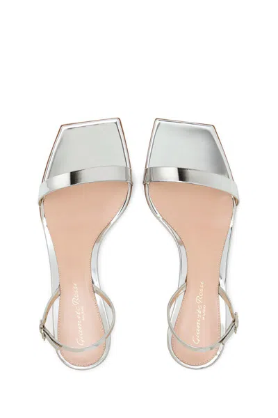 Gianvito Rossi Ribbon Metallic Kitten Slingback Sandal In Silver In Silver
