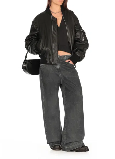 Attico Oversized Leather Bomber Jacket With Ribbed Details In Black