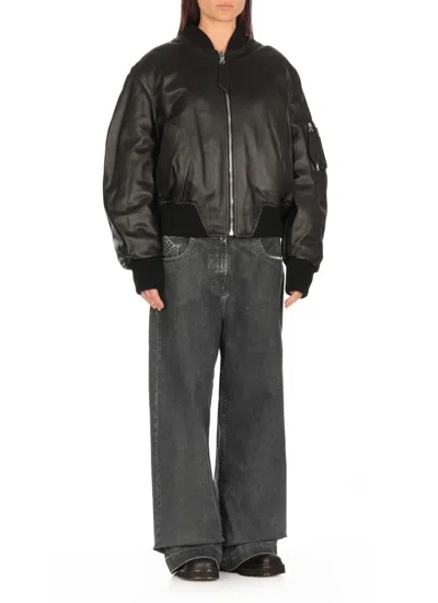 Attico Oversized Leather Bomber Jacket With Ribbed Details In Black