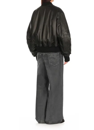 Attico Oversized Leather Bomber Jacket With Ribbed Details In Black