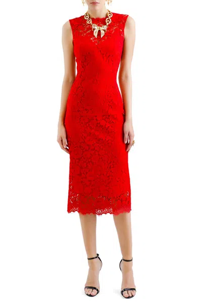 Dolce & Gabbana Calf-length Sheath Dress In Floral Cordonetto Lace In Light Burgundy