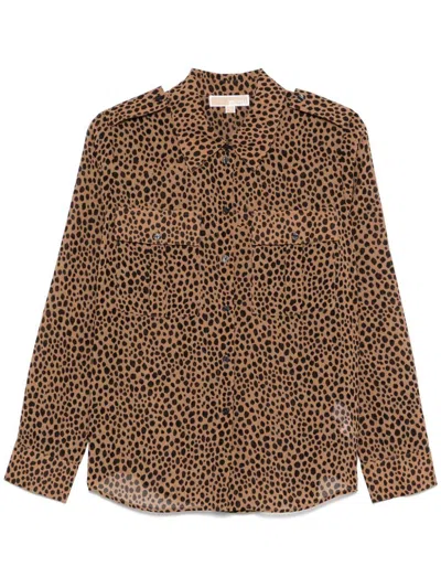 Michael Kors Leopard-print Long Sleeve Shirt With Button-down Front In Brown