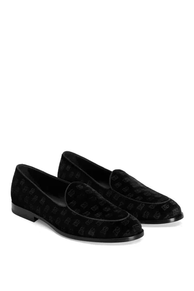 Dolce & Gabbana 'vivaldi' Black Loafers With All-over Logo Lettering In Black