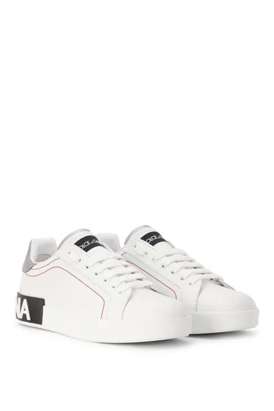 Dolce & Gabbana Women Portofino White Leather Sneakers With Logo In White