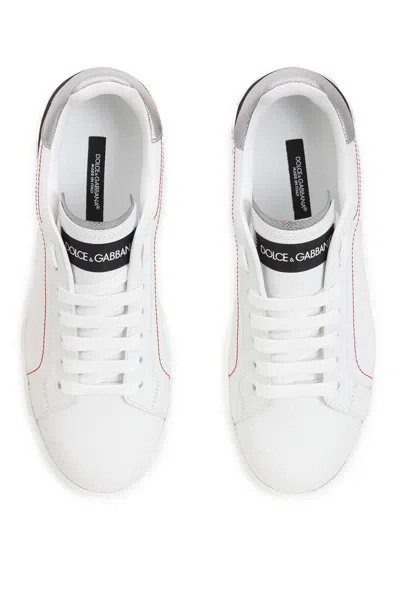 Dolce & Gabbana Women Portofino White Leather Sneakers With Logo In White