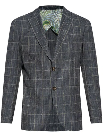 Etro Single-breasted Checked Jacket In Blue