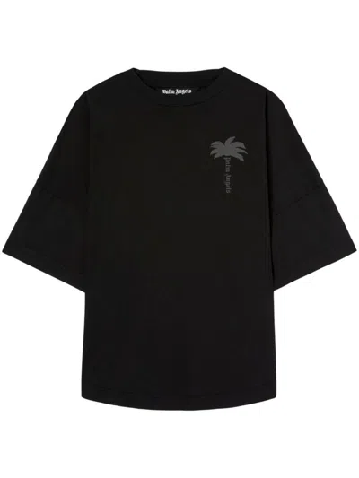 Shop Palm Angels Blue Cotton T-shirt With Palm Print And Logo