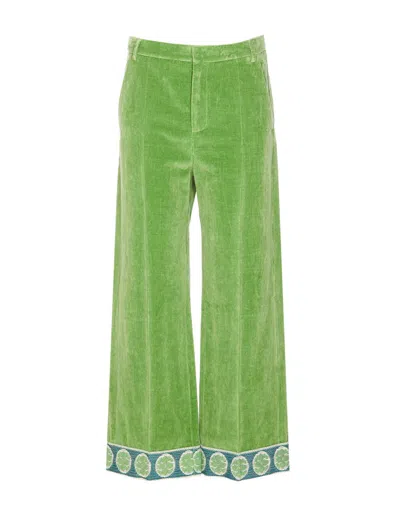 Valentino Garavani Velvet Trousers With Jacquard Hem In Green