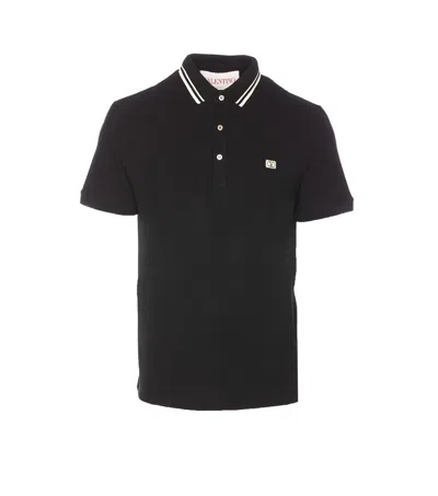 Valentino Garavani Black Polo Shirt With Classic Bicolor Collar And Logo Patch On The Front In Cotto In Black