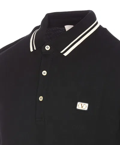 Valentino Garavani Black Polo Shirt With Classic Bicolor Collar And Logo Patch On The Front In Cotto In Black
