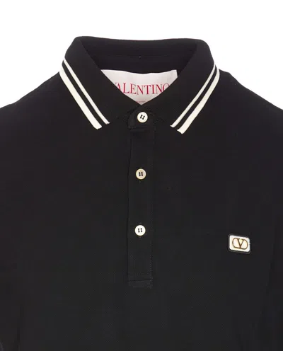 Valentino Garavani Black Polo Shirt With Classic Bicolor Collar And Logo Patch On The Front In Cotto In Black