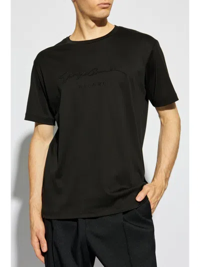 Giorgio Armani Official Store Pure Cotton Interlock T-shirt With Embroidered Logo In Black