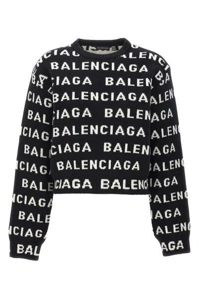 Balenciaga Women Allover Logo Wool Cropped Sweater In Multi