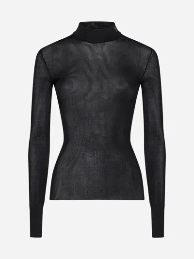 Saint Laurent Ysl Brooch Silk Top In Black
