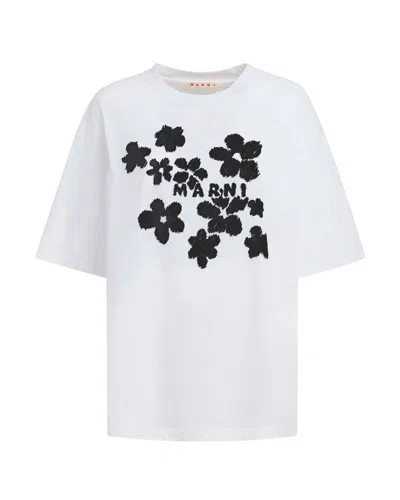 Marni White Cotton T-shirt With Daisy Garden Print In White