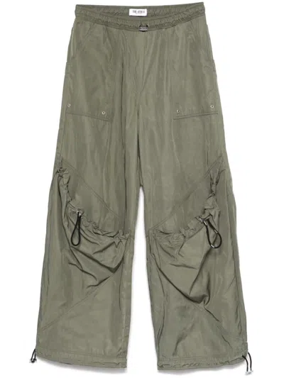 Attico Wide Leg High-waisted Pants With Adjustable Elastic In Military Green