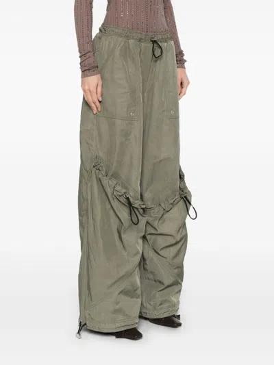 Attico Wide Leg High-waisted Pants With Adjustable Elastic In Military Green