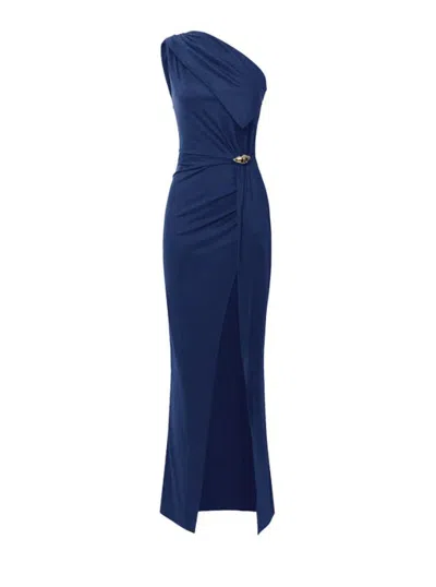 Elisabetta Franchi Draped One-shoulder Dress With Side Slit In Blue