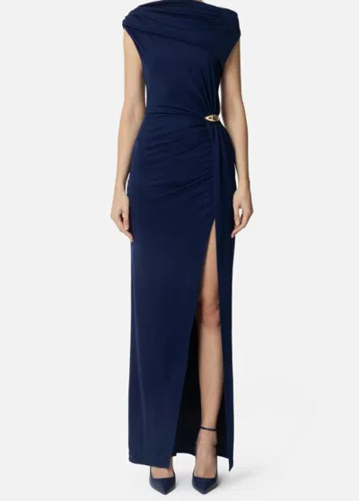 Elisabetta Franchi Draped One-shoulder Dress With Side Slit In Blue