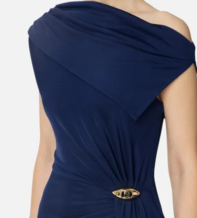 Elisabetta Franchi Draped One-shoulder Dress With Side Slit In Blue