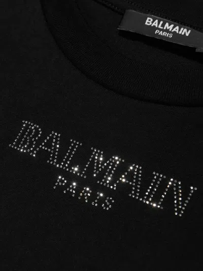 Balmain Girls Diamante Logo T-shirt In Black