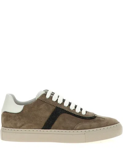 Brunello Cucinelli Brown Suede Sneakers In White
