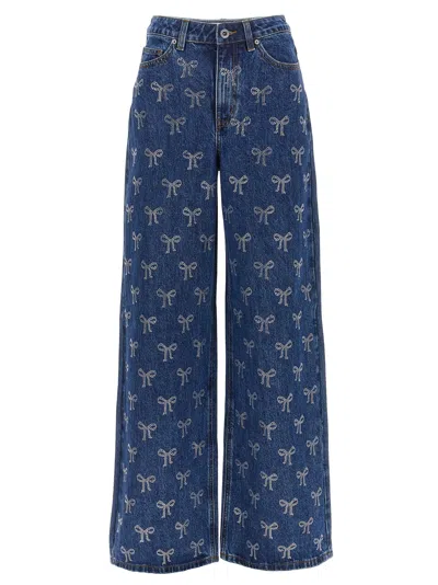 Shop Self-portrait Rhinestone Bow Jeans Blue