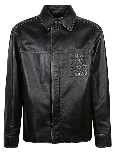 Loewe Anagram Leather Zip-up Overshirt In Black